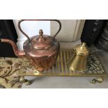 Brass footman, copper kettle and brass jug.