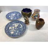 Selection of pottery, Goebel figure, Royal Doulton and Poole vase, 2 Willow pattern plates and a