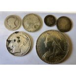 Coins to include 1880 Shilling, six pence 1875, 2 x four pence 1848 + 1843, one and a half pence
