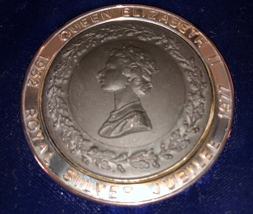 Wedgwood silver and black basalt medallion for the silver jubilee, sterling silver framed portrait