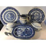 Various blue and white ceramics including Davenport plate, 2 sauce tureens, ladels, stands, Doultons