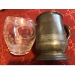 Peuter tankard and glass etched tankard.
