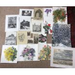 A selection of unframed watercolours, pencil drawings and prints by Marion Rhodes, largest