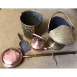 Copper and brassware log bucket, kettle, coal scuttle, bed warmer & coal shovel.