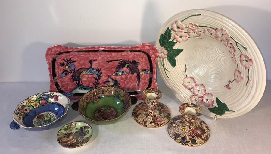 Seven pieces of Maling ceramics, crazing to green bowl and repair to pink plate.