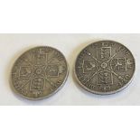 Two Victorian silver double Florin coins 1889 and 1890.
