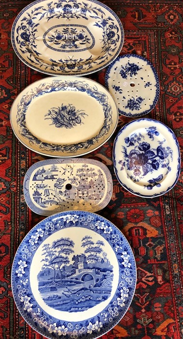 Six various blue/white plates and drainers including Copeland Spode’s Tower, good condition,