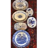 Six various blue/white plates and drainers including Copeland Spode’s Tower, good condition,