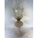 Duplex opaline glass oil lamp with shade.