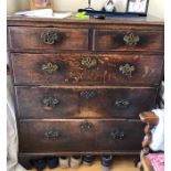 19thC oak chest of drawers, 2 short drawers over 3 long drawers on bracket feet. 97 w x 50 d x