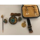 Jewellery to include Victorian brooch, earrings etc. 9ct gold fittings on ribbon, St. Christopher