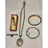 Vintage silver jewellery to include two bangles, a pocket watch on chain and two brooches.