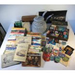 Boxed lot to contain enamel Quaker oats cooker, Brooke Bond tea cards, carved wood box etc.