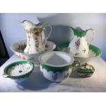 Two 19thC jug and wash bowls, good condition and two potties soap dish etc, a/f