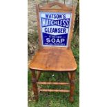 Chair with enamel soap sign to back, 19thC.