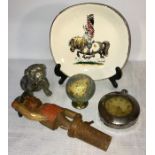 Miscellany including 'Thelwell' plate globe pencil sharpener, a novelty bottle stopper. Smiths