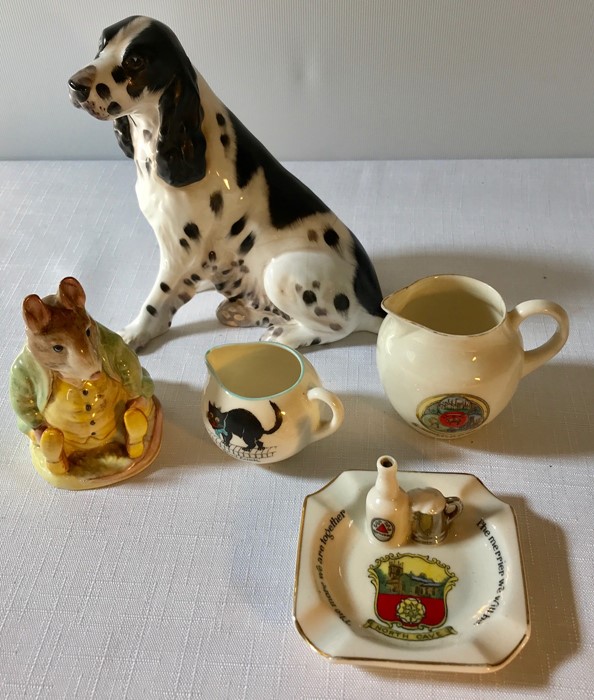 A selection of ceramics including Coalport dog, badly a/f, three pieces of crested china to