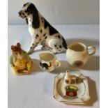 A selection of ceramics including Coalport dog, badly a/f, three pieces of crested china to