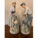Pair Royal Dux figured Bot at a well and Girl at a well 48 cm high