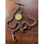 Fob watch chain in 9ct yellow gold with 1891 sovereign fob