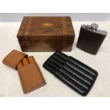 Miscellany including 19thC inlaid box, two leather cigar cases and a leather covered hip flask.