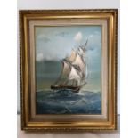 Gilt framed oil painting on canvas, sailing ship in rough sea, signed indistinctly. 39.5 x 29cms