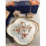 Royal Crown Derby to include Honey suckle pattern trinket box, ring holder and tray. Boxed and mint.