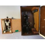 A Becks microscope in wooden case together with stereo microscope.