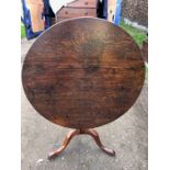 Tip top oak table, 89cms d, on tripod base.