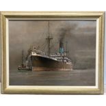 Oil painting on board, Colin Verity. Ship.ss Rhesus escorted by Tug-Scotsman. 44.5 x 58.5cms.