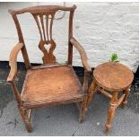 Ash and elm 18th elbow chair (distressed) with a good round stool 52 cm high
