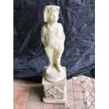 Reconstituted stone figure of boy on plinth. 90cms.
