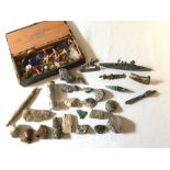Britains lead ships and soldiers, odd chess pieces, geological minerals etc.