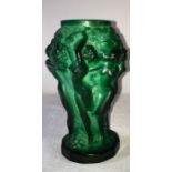 Czech H.G. Curt Sclevogt malachite glass vase moulded with 7 naked women from the Ingrid series.