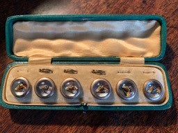 Set of six glass buttos with horse head decoration in original leather case