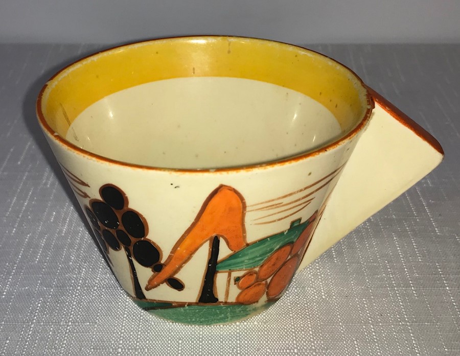 CLARICE CLIFF FOR NEWPORT FANTASQUE BIZARRE. House and tree pattern coffee cup with triangular - Image 2 of 3