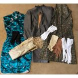 A quantity of vintage costume made in Singapore, 2 dresses, a suit, gloves, shawl etc.