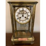 Brass 4 glass mantel clock with visible Brocot movement J Hall & Co. of Paris