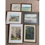 Six framed watercolours. Coastal and Woodland scenes by Marion Rhodes including Northumberland and
