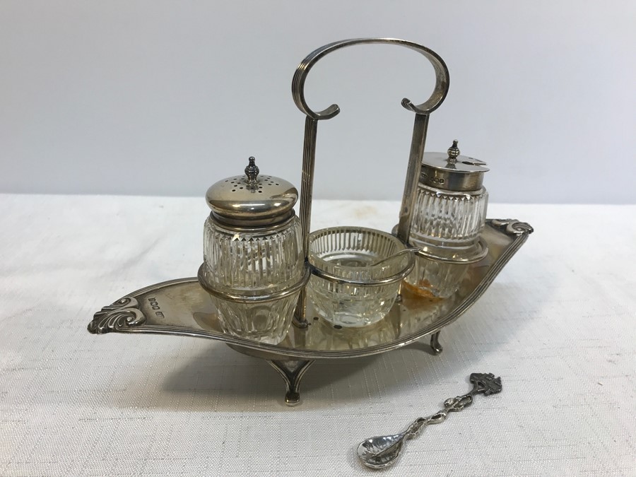 Hallmarked silver condiment set, G.W.F Sheffield 1921, 225gms approx without glass.