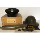 WWII fireguard helmet and armband, RAF service cap, 1975, belt, spectacles and scout oath