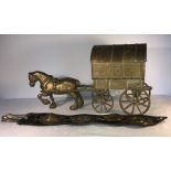 Brass caravan and horse with vintage horse brasses on leather strap.