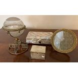 Glass and gilt metal bowl with Greek key pattern, 2 mother of pearl boxes and a gilt metal frame