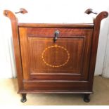 Edwardian inlaid mahogany piano stool with drop down front for storage.