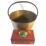 Brass jam pan, 33cms d and Macfarlane Lang & Co biscuit tin.