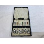 Cased set of 6 enameled silver coffee spoons. J.F. Birmingham 1957, 56.5gms.