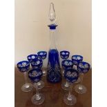 St Louis blue and clear cut glass liqeuer set 10 glasses and decanter