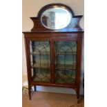 Good quality Edwardian mahogany inlaid two door display cabinet with mirrored top.189cms h, 107cms