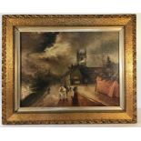 Gilt framed oil painting on canvas, signed J Child? Street scene.