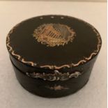 Good 18th c pressed tortoiseshell gold and silver inlaid circular box 8cm diam.